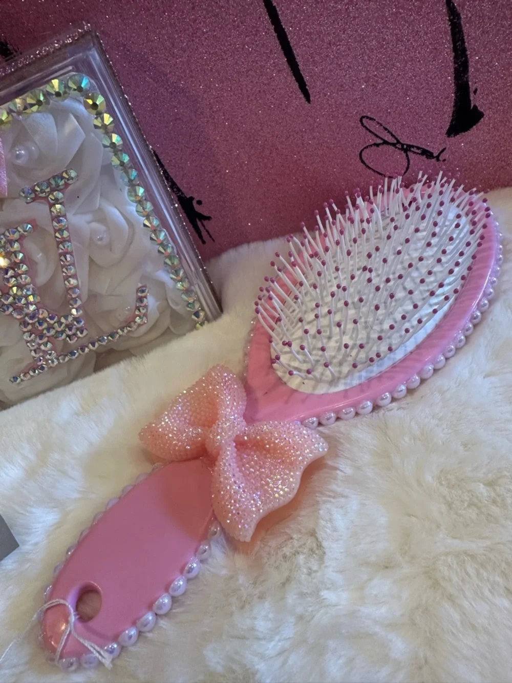 Pink Jeweled Hair Brush & Decorative Box Set